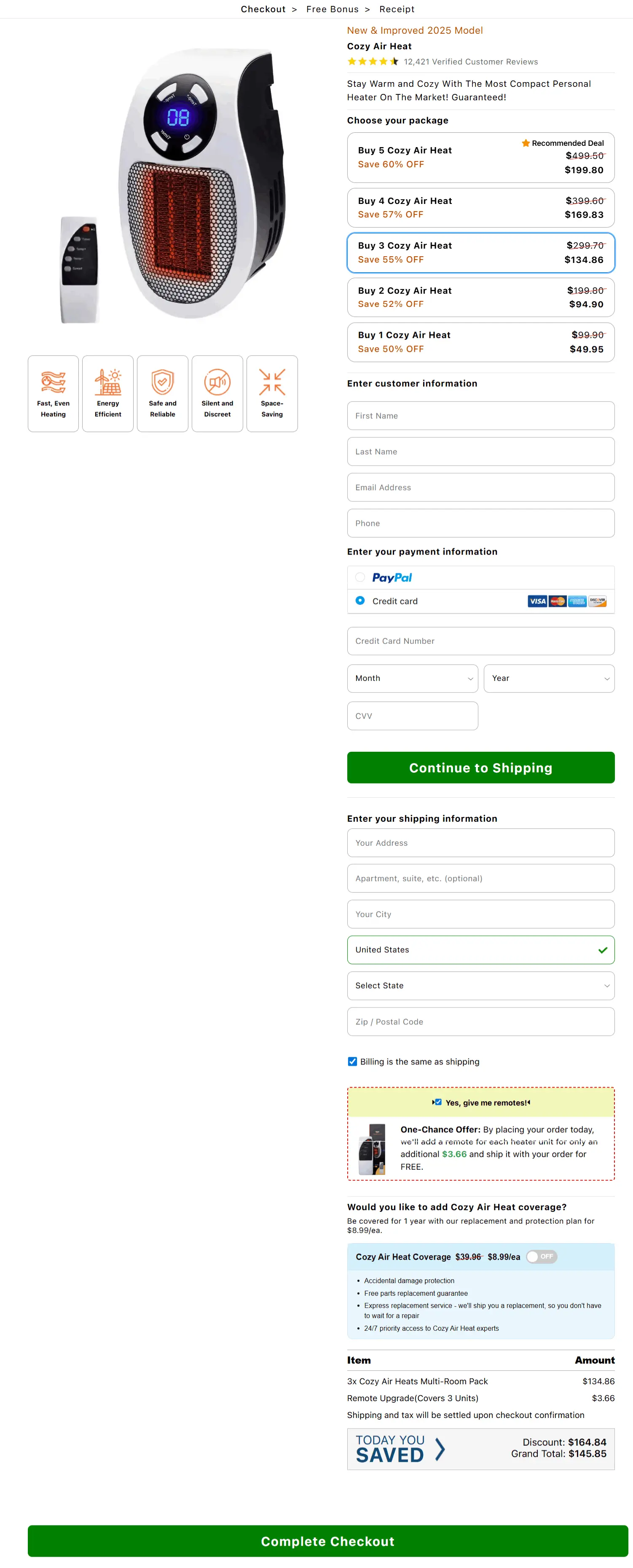 Cozy Air Heat secure checkout page